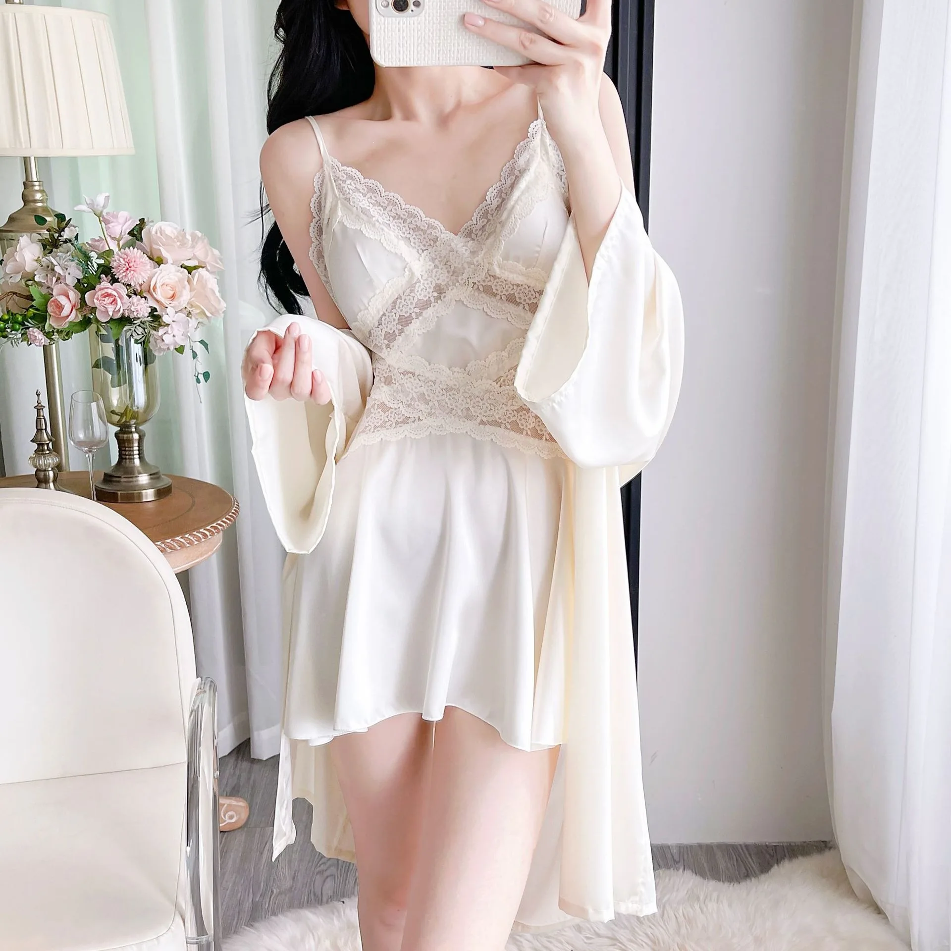 Sexy Ice Silk Pajamas Women's Summer with Chest Pads Suspenders Nightgowns Two-piece Set Loungewear Style