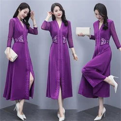 Long Sleeve Purple Dress Women's 2023 Spring Dress New Temperament Heavy Industry Embroidered Long Dress V-Neck Dresses Female