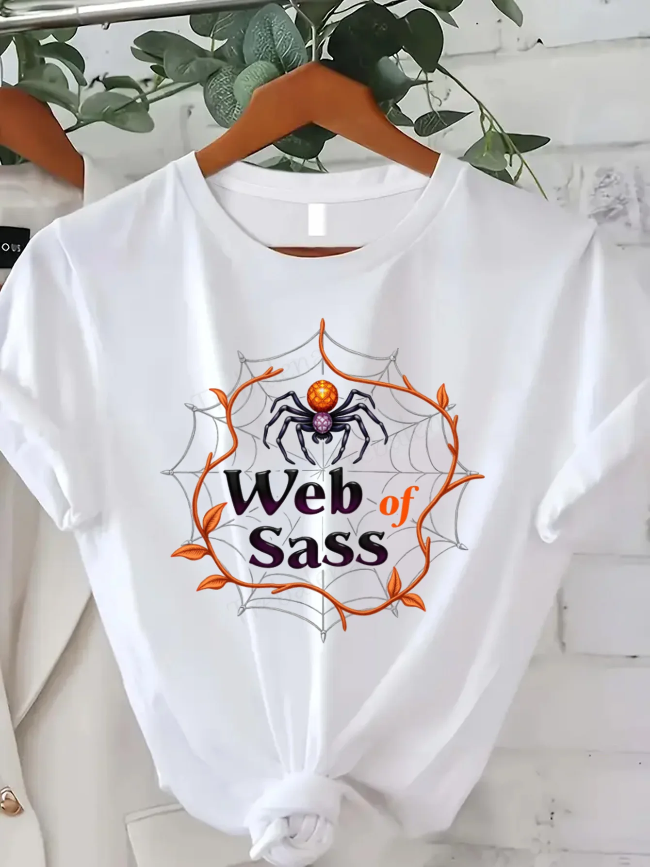 Camiseta de cuello redondo Web of Sass Spider, camiseta de Halloween para mujer, camiseta gráfica divertida de talla grande, camiseta de manga corta, Top informal de moda
