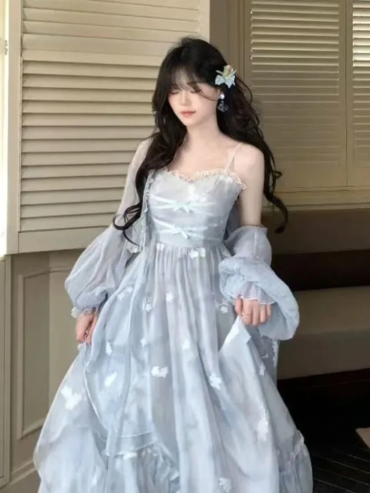 

Необычные многослойные платья-бретельки в сладком отпускном стиле + свободный кардиган с рукавами-фонариками, пальто для женщин, новинка 2023 года, комплекты из двух предметов