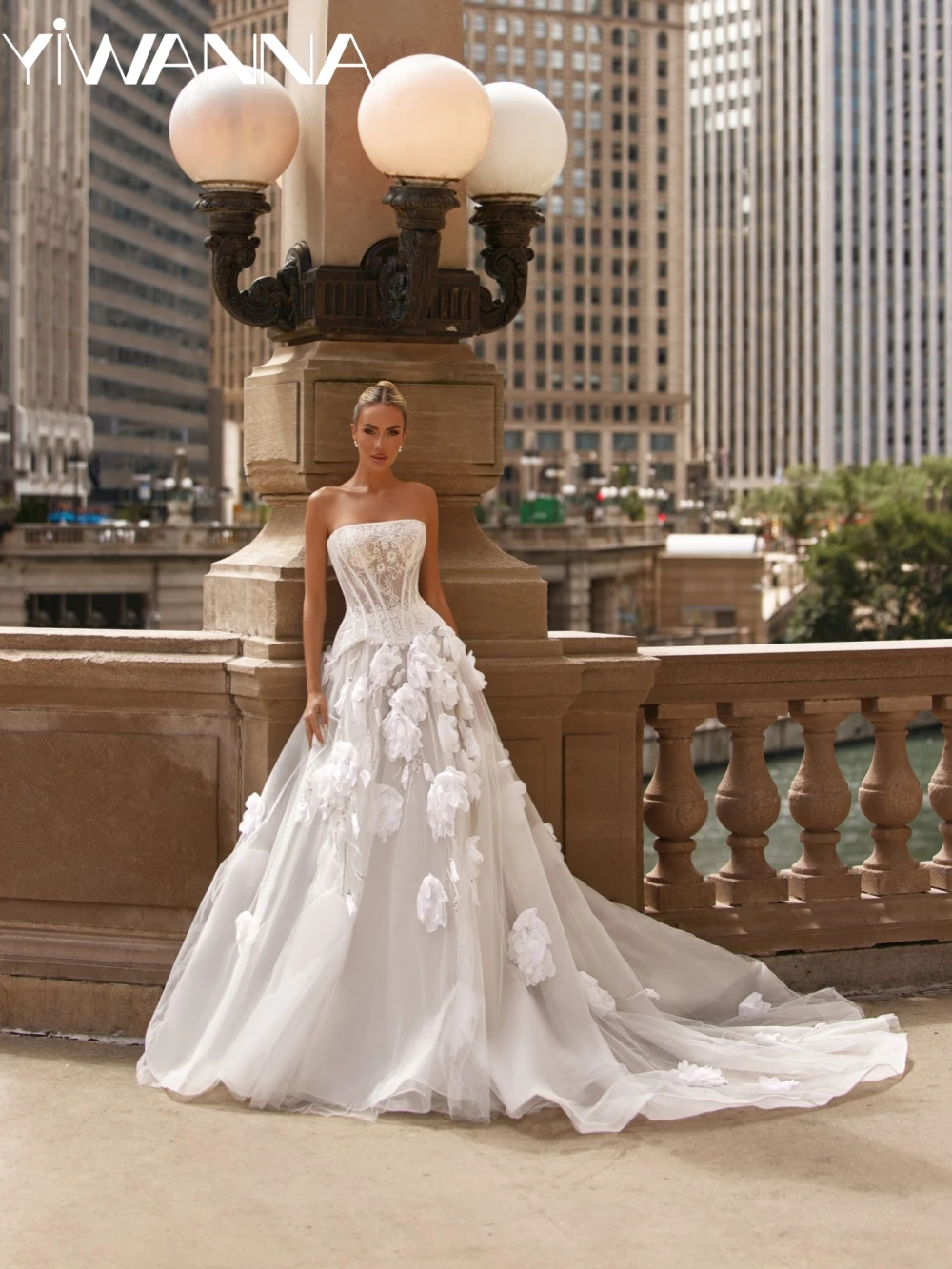 

Dreamy Beaded 3D Flower A-line Long Wedding Dress With Corset Open Back Bridal Gown 2026 Customized Strapless Dresses For Bride