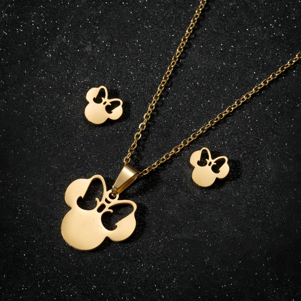 أنيمي لطيف الكرتون القوس ماوس الفولاذ المقاوم للصدأ طقم مجوهرات للنساء اكسسوارات الزفاف أقراط العروس ومجموعة مجوهرات قلادة