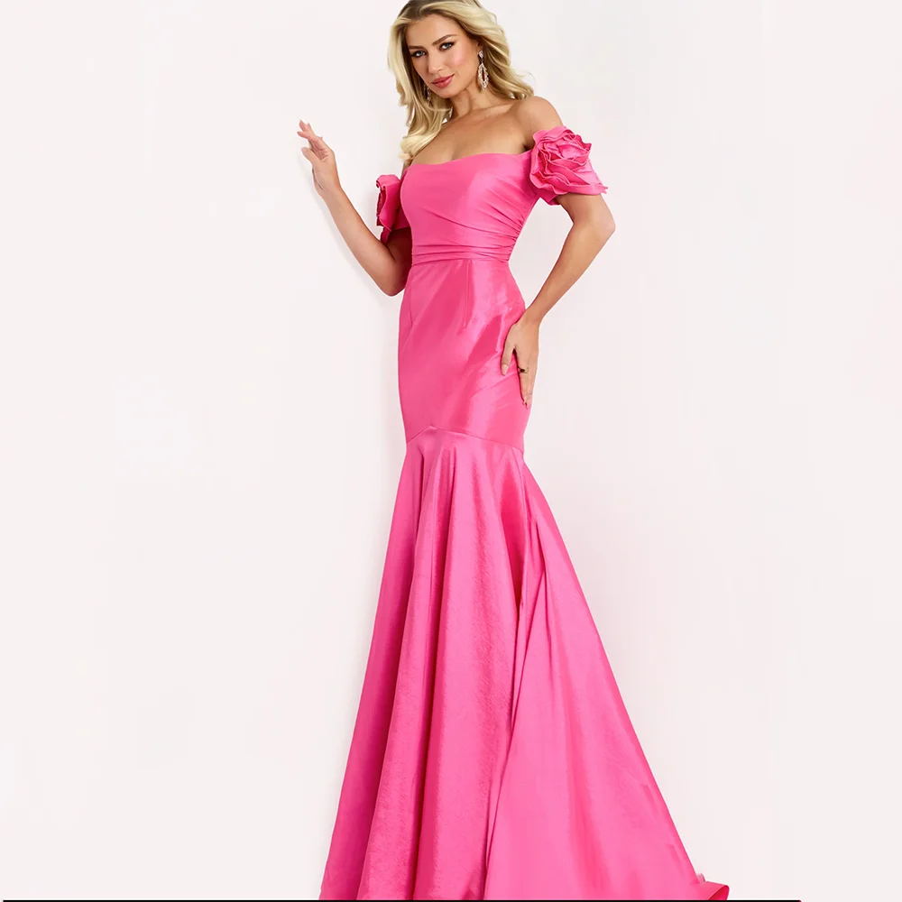

Elegant Pink Off The Shoulder Evening Dress Customized Backless Sleeveless Ruffle Mermaid Prom Gown Floor Length Dresse