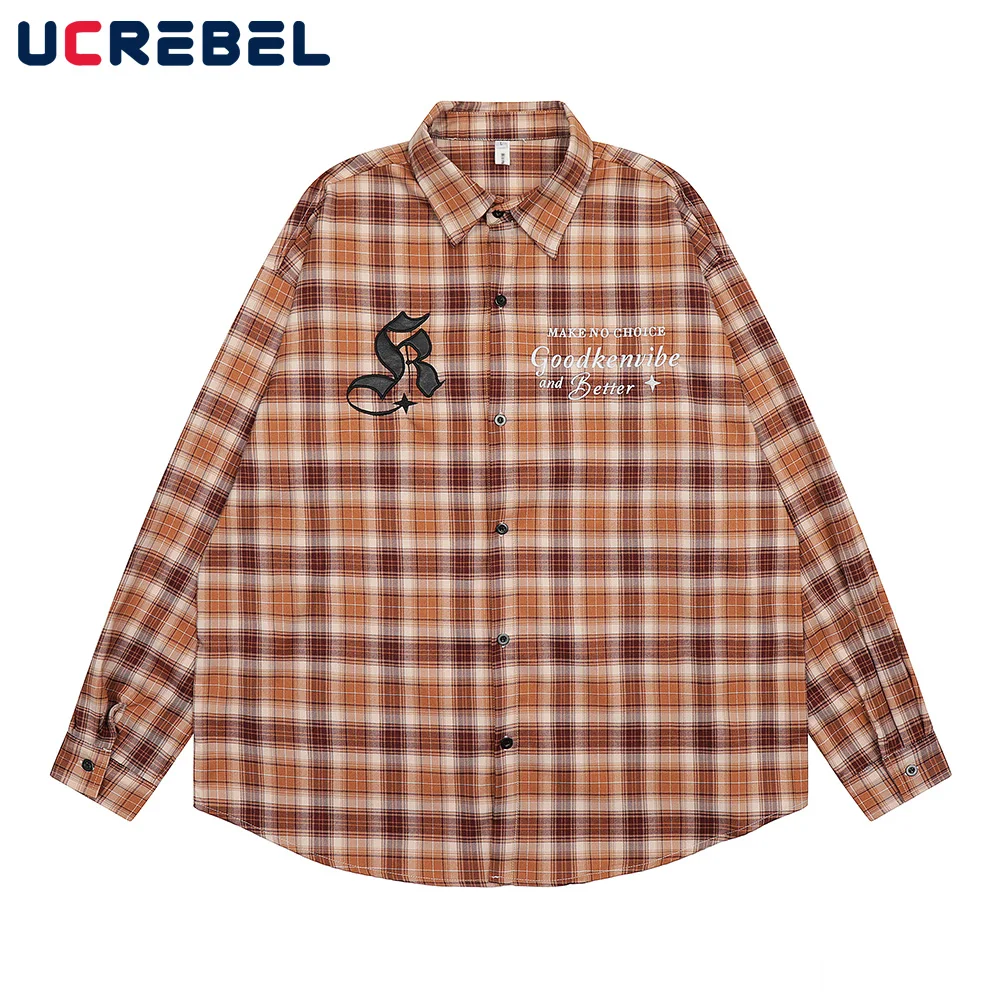 Letter Embroidery Plaid Shirts Mens High Street Loose Lapel Single Breasted Long Sleeve Shirts Men