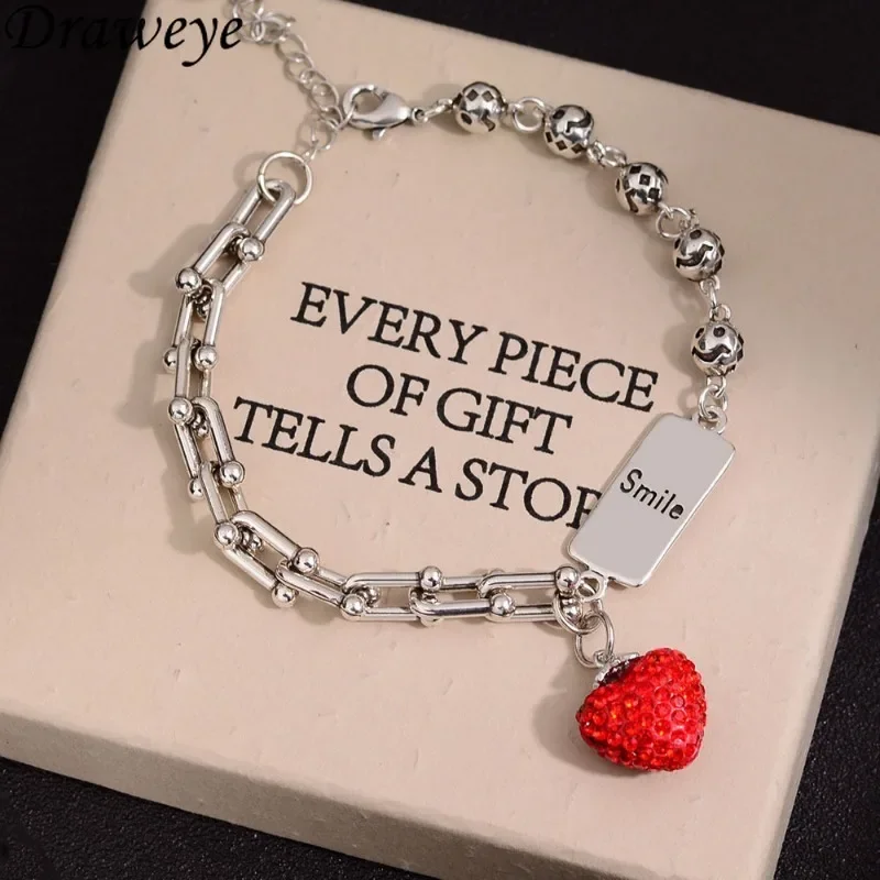 Draweye Red Heart Bracelet for Women Korean Fashhion Sweet Rhinestones Cute Jewelry Letters Girls Gift Pulseras Mujer