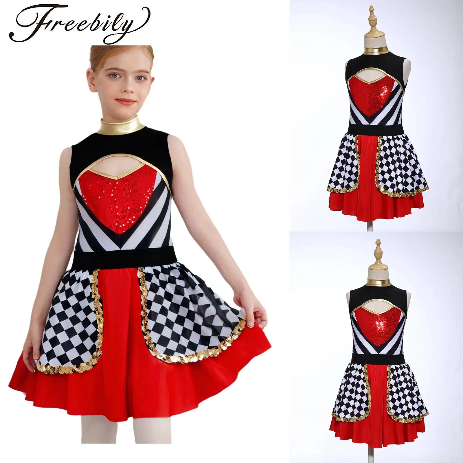 

Girls Wonderland Heart Queen Cosplay Dress Mock Neck Sleeveless Sequin Tutu Leotard Dress Halloween Carnival Stage Performance