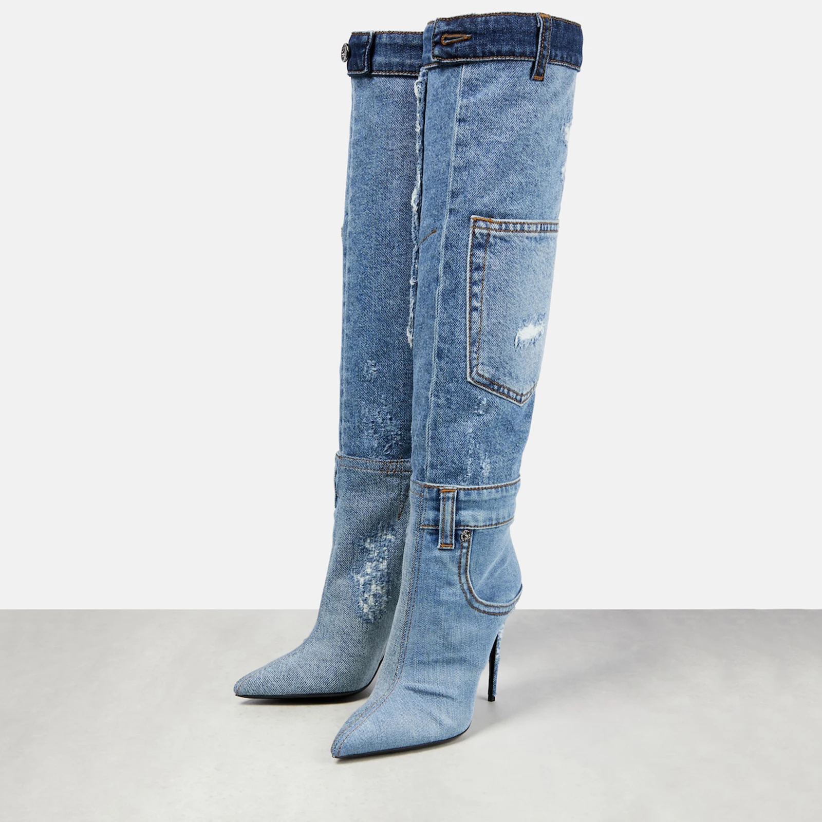 Women's denim fabric knee high boots, slim high heels, women's boots, washed pockets, pointed sexy motorcycle boots