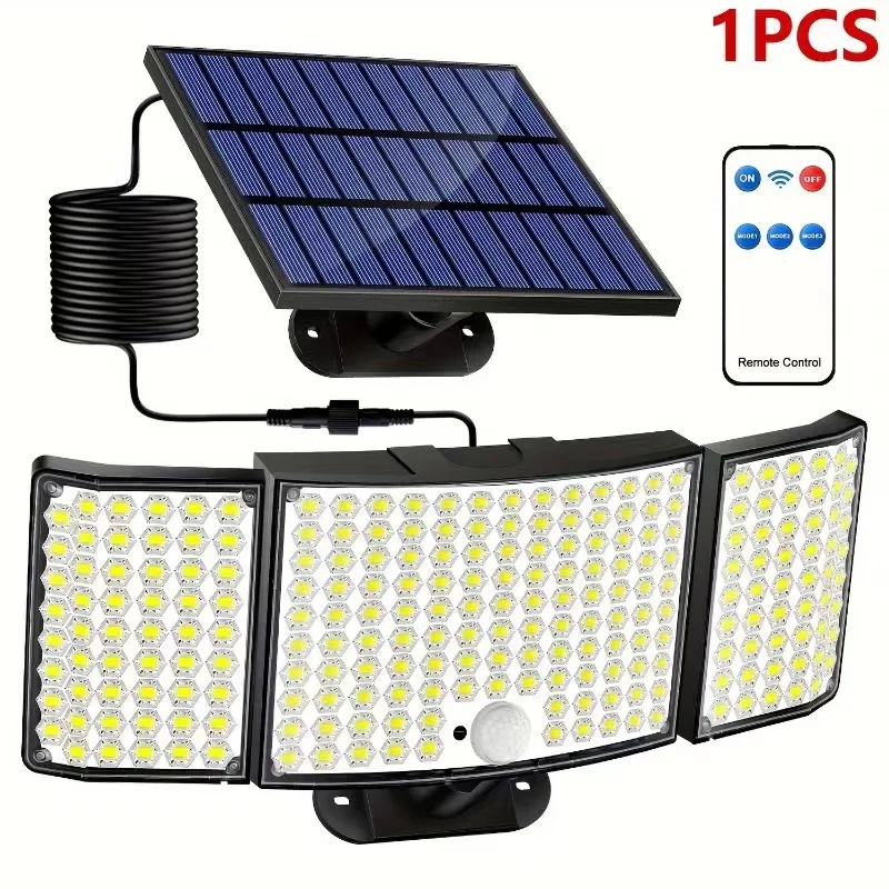Split Solar Wall Light 224LED PIR Motion Sensor Remote Control 3 Heads IP65 Waterproof Outdoor Security Lamp