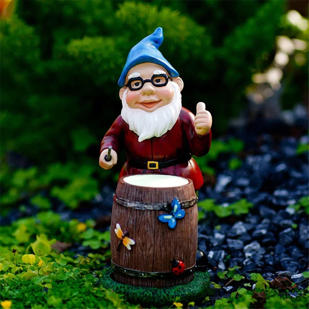 Glow in The Dark Drumming Dwarf Decorative Figurines for Outdoor Landscape Fairy Garden Sculpture Ornaments Chirstmas Gifts