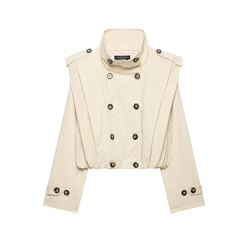 YENKYE Women Pleated Cropped Trench Coat Stand Collar Double Breasted Short Windbreaker Shoulder Epaulets Casual Outerwear