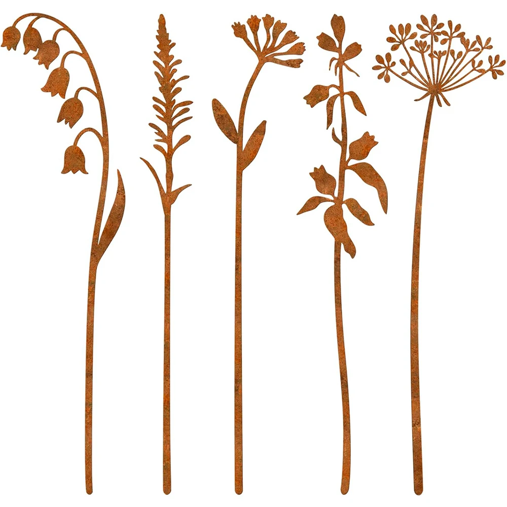 Metal Flowers for Outdoor Garden Stakes, Yard Art Statues Decor, Rusty Plant Decoration for Flower Bed Clearance