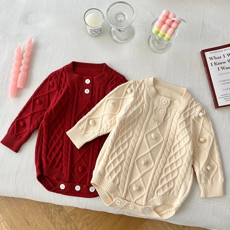 

2025 New Autumn 0-24M Toddler Baby Girl Knitted Romper Long Sleeved Solid Color Infant Baby Girls Knitted Jumpsuit Baby Clothing