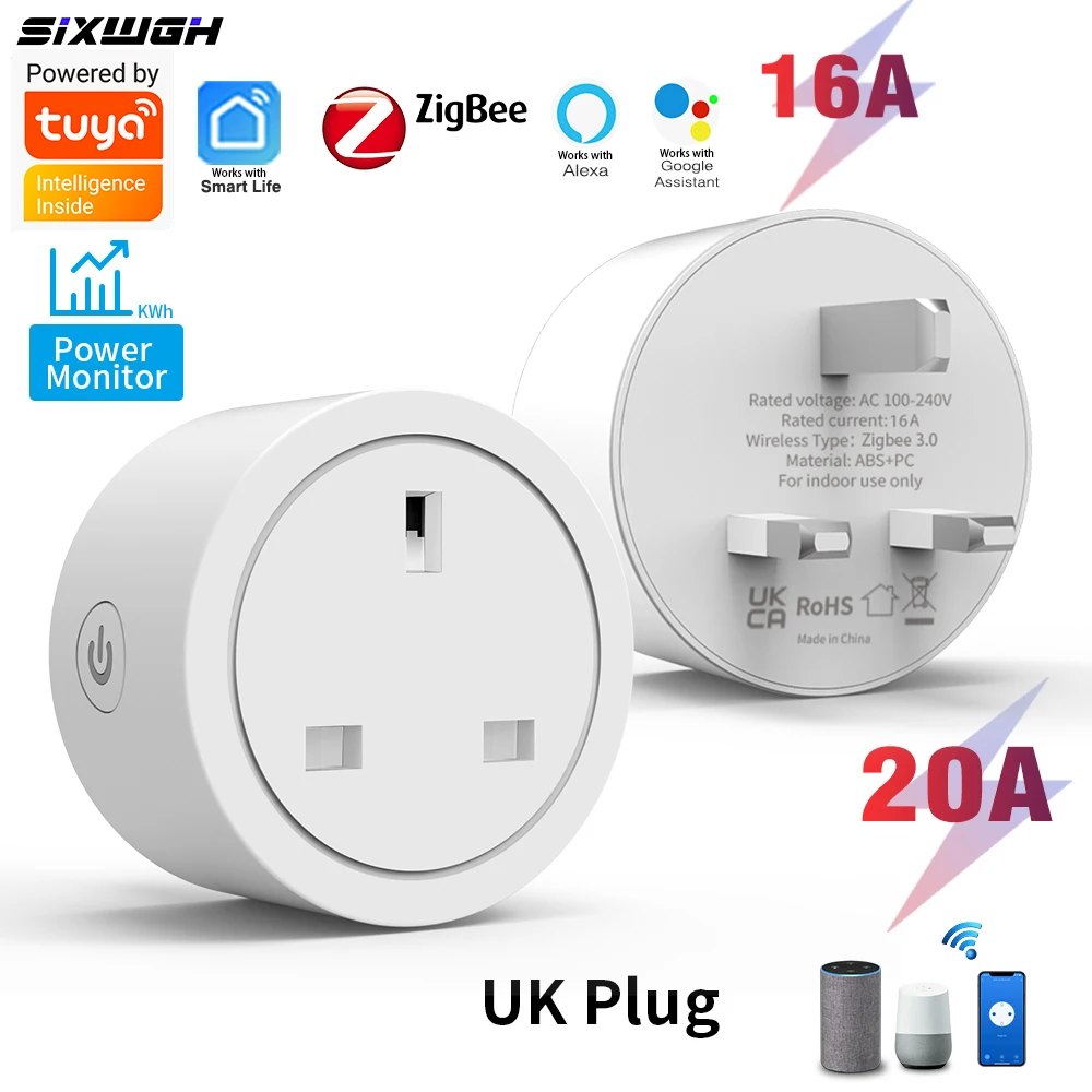 16A/20A UK Plug Tuya Zigbee Smart Socket with Metering Timer Switch Works with Smart Life App Alexa Google Home Voice Control