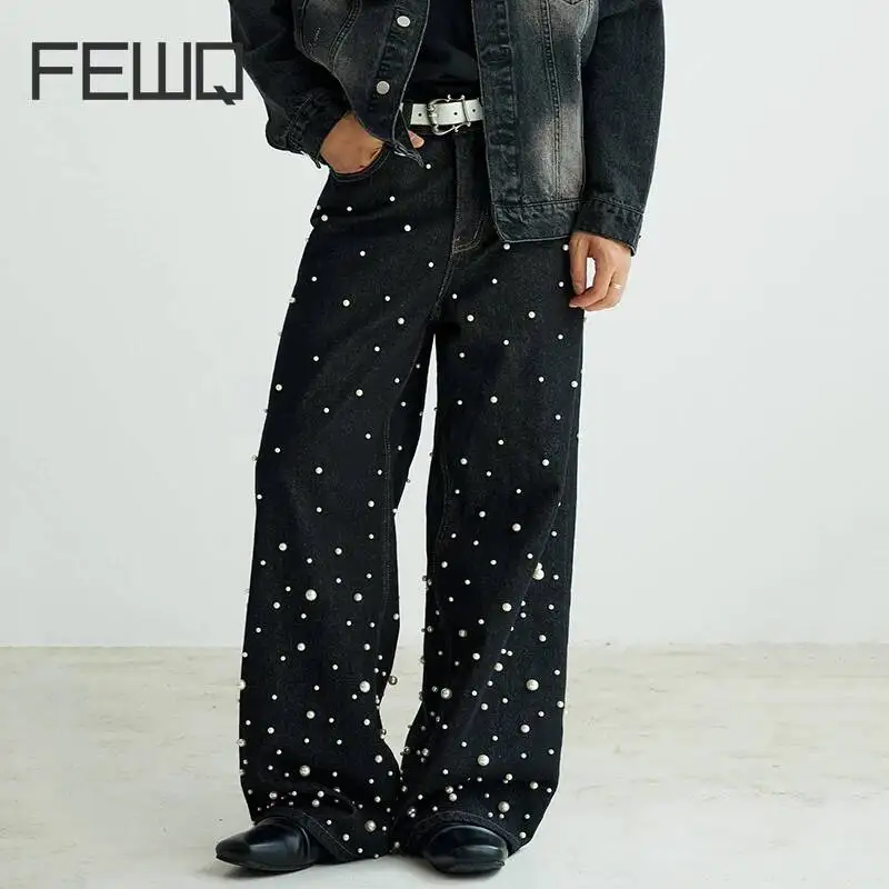 FEWQ 2026 Verano Nuevos Pantalones Vaqueros Negros Vintage para Hombre con Decoración de Perlas, Pierna Ancha, Holgados, Rectos, Casuales, Estilo Urbano 24W1954