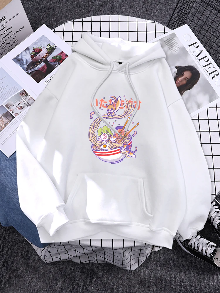 

Three Kittens Scramble To Eat Ramen Print Hoody Womens Casual Street Pullover Autumn Crewneck Sweatshirt Fleece Pocket Clothes