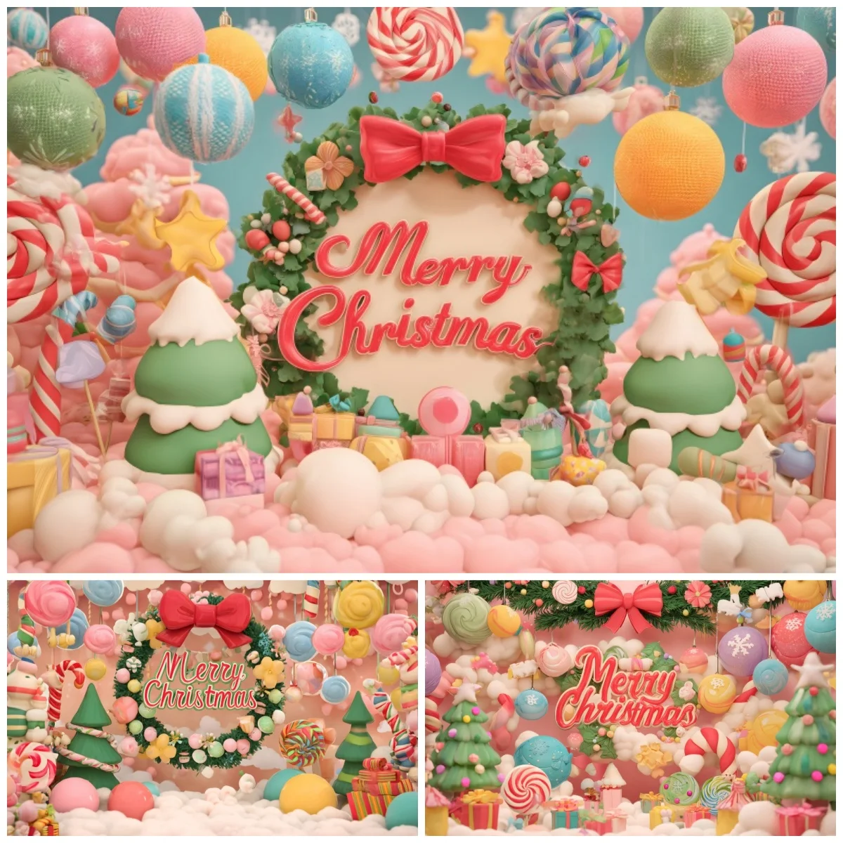 

Cute Christmas Decorations Photography Backgrounds Wreath Candy Gifts Kids Festivial Pink Party Portrait Celebration Backdrops