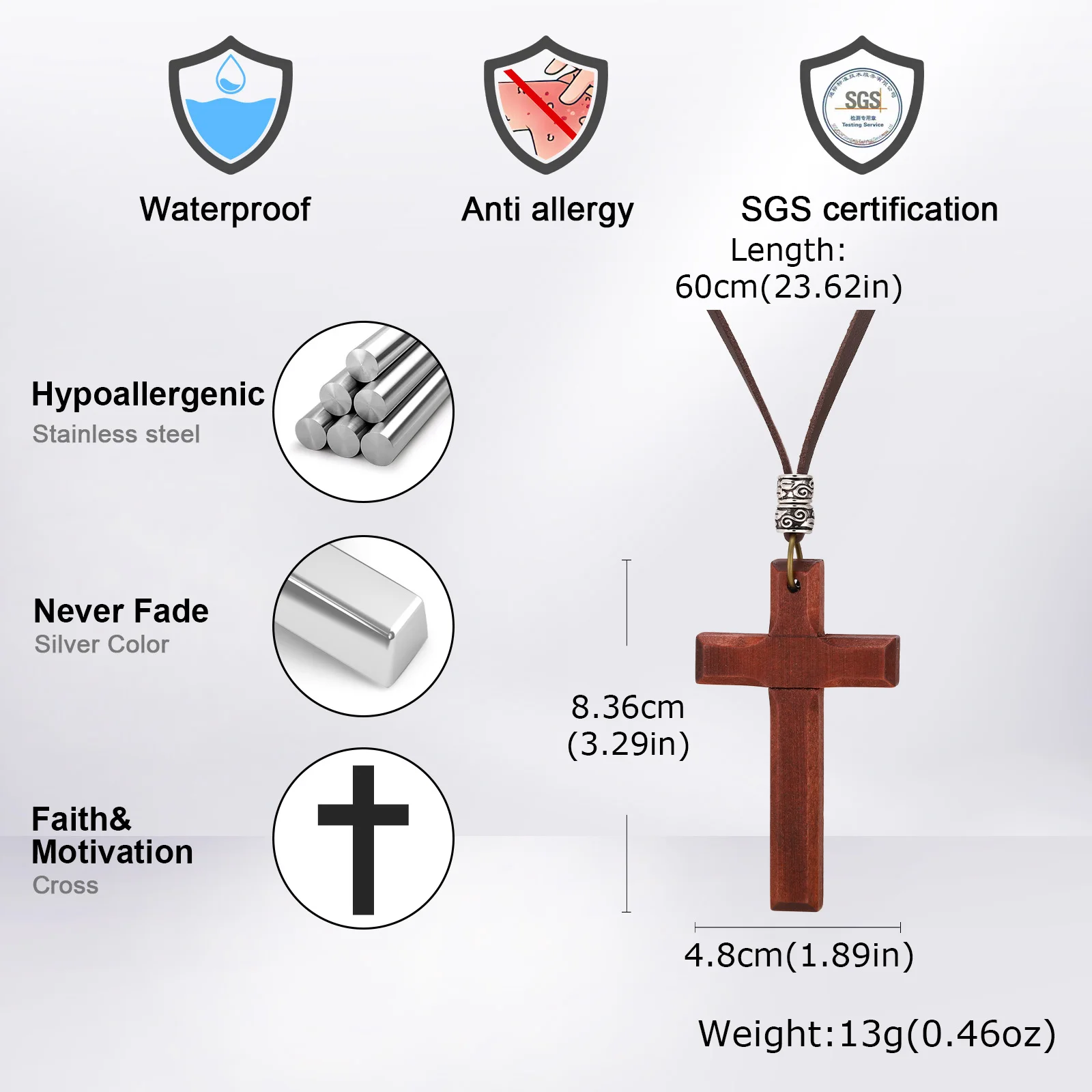 Große Holzkreuz-Halskette für Männer, Katholisches Kreuz Jesus Christus Langes Anhänger-Collier, Glaubens- und Gebetsreligiöser Schmuck – Detail 1