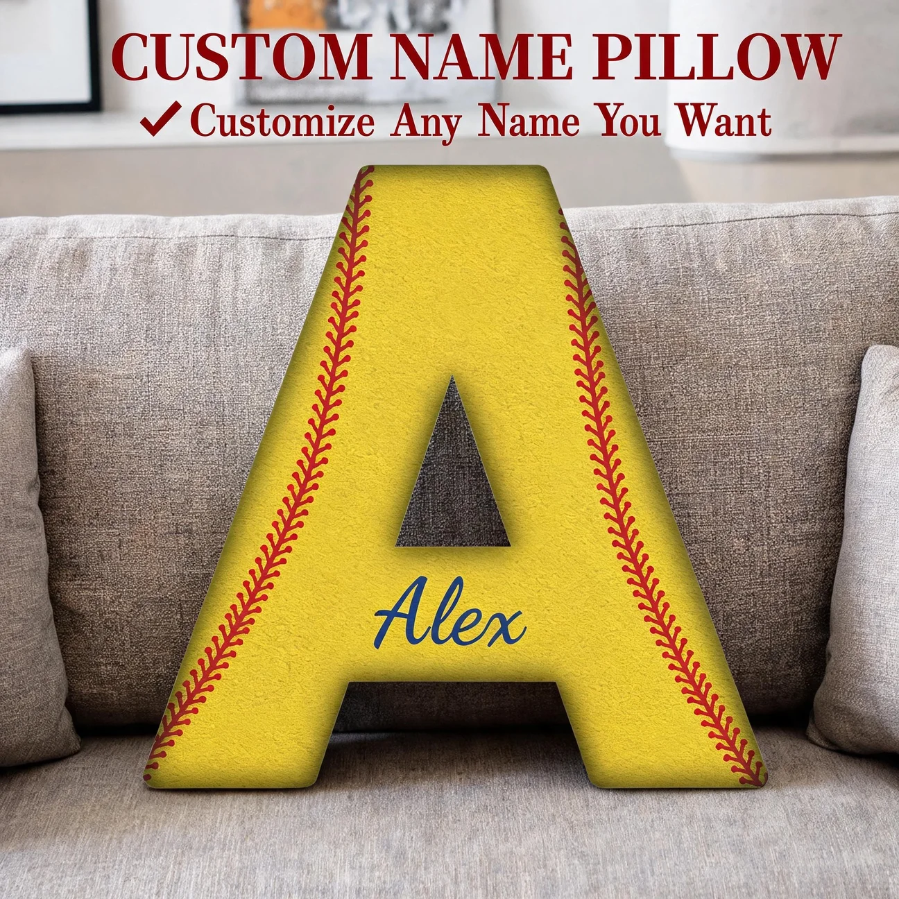 Custom Baseball Letter A Pillow Personalized Name Soft Cushion Gift for Boyfriend Team Fan Yellow Initial Hugging Pillow Man Boy