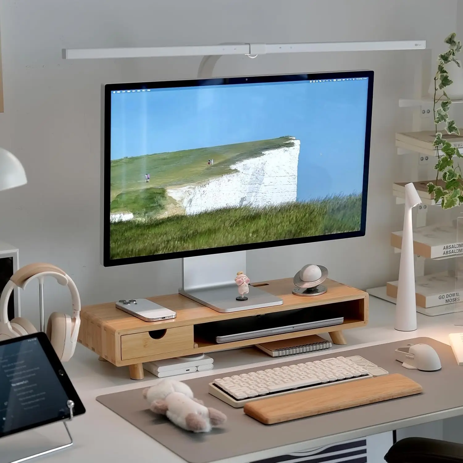 

Bamboo Monitor Stand with Drawer, Ergonomic Desk Riser for Cable Management & Storage Organizer