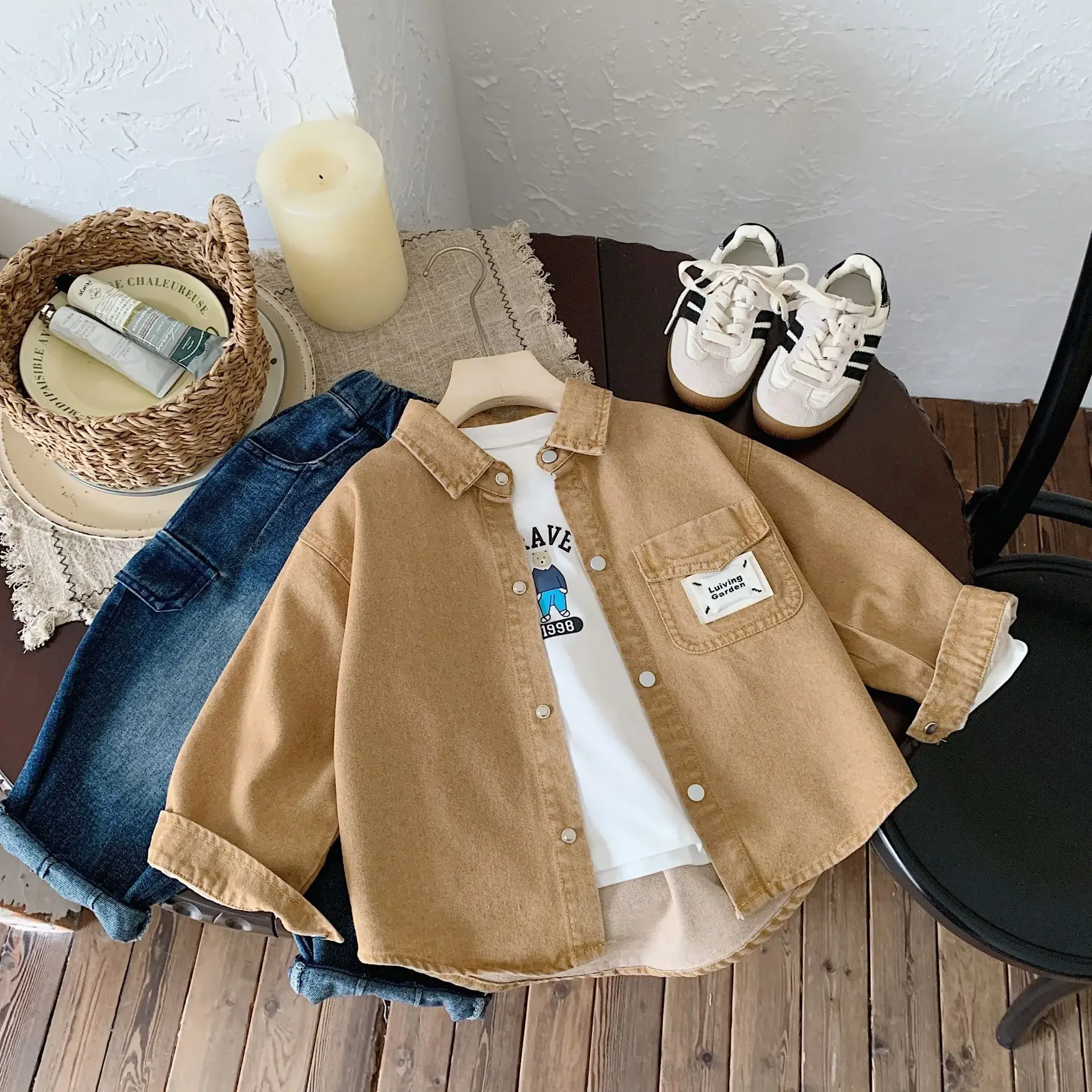 Children Shirt Top Coat Cardigan Denim Autumn New Children Boys Coat Label Shirt Fashion Solid Long Sleeve Cardigan