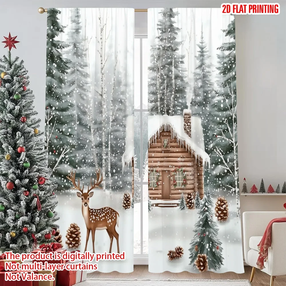 2pcs 2D flat printing Merry Christmas Curtains Winter Forest and Deer Christmas Digital Printed Polyester Drapes Spring Perfect