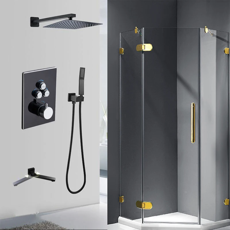 WALL Black Constant Temperature Rainfall Shower Hand held Sprinkler Inlet Water Holder Filling the Bathtub spout Bathroom Faucet