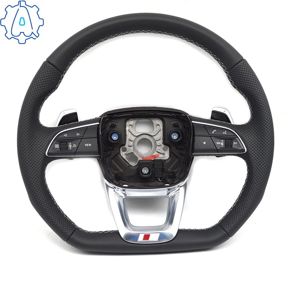 For Audi Q5 FY White Stitched Leather Perforated Multifunctional Flat Bottomed Steering Wheel