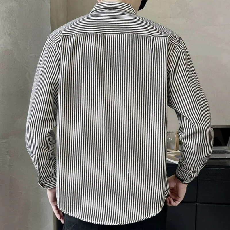Shirt Male Vertical Stripes Korean Style Spring New Casual Overshirt Fashion Lapel Long Sleeve Loose Large Size Men's Top 2024