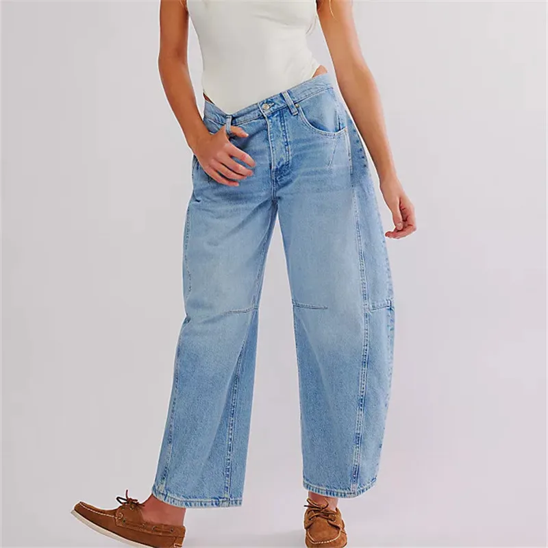 Barrel Jeans Women Casual Baggy Wide Leg Horseshoe Denim Pants Y2k Boyfriend Vintage Tapered Jeans Mid Rise Cropped Barrel Pant