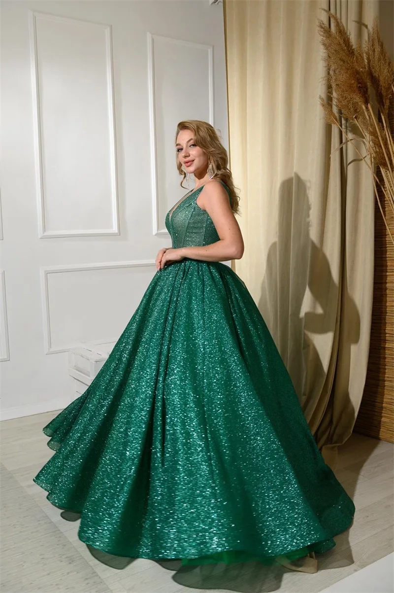 Glitter Sequins Ball Gown Prom Dress V Neck mangas Elegante Luxo Evening Party Vestido Custom Made Host Robes De Mariée