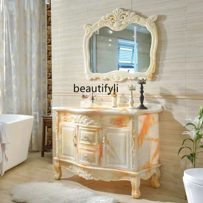 

new European-Style Bathroom Cabinet Combination Full Jade Bathroom Floor-Standing Washstand Washbasin Cabinet Light Luxury