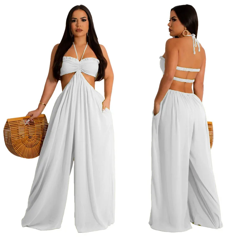 MUSERA Boho Ruched Bust Extreme Wide Leg Jumpsuit Boho Spring Summer Vacation Beachwear Ibiza