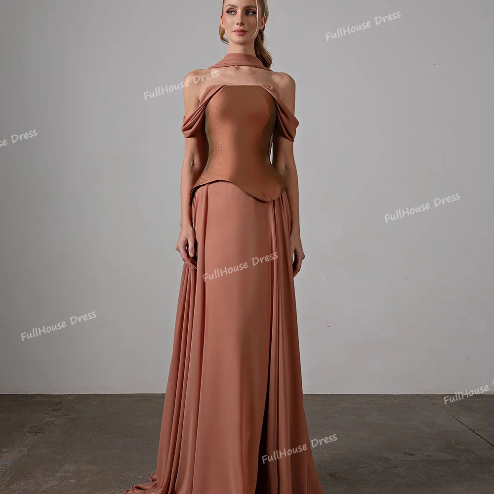 فستان زفاف حديث مصنوع حسب الطلب مكون من قطعتين مكشوف الأكتاف ثنيات على شكل حرف a طول الأرض بدون ظهر مع ذيل فيستدوس دي