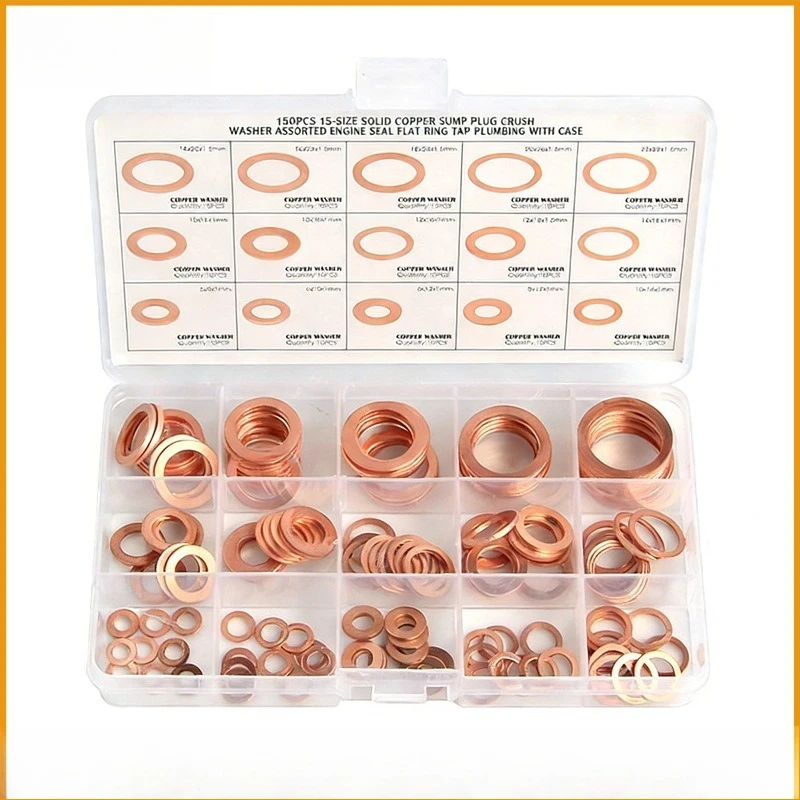 

150pcs Flat Sealing Ring Red Copper Gasket O Ring Gasket Sealing Ring Washer M5/M6/M8/M10/M12/M14 with slots for easy access