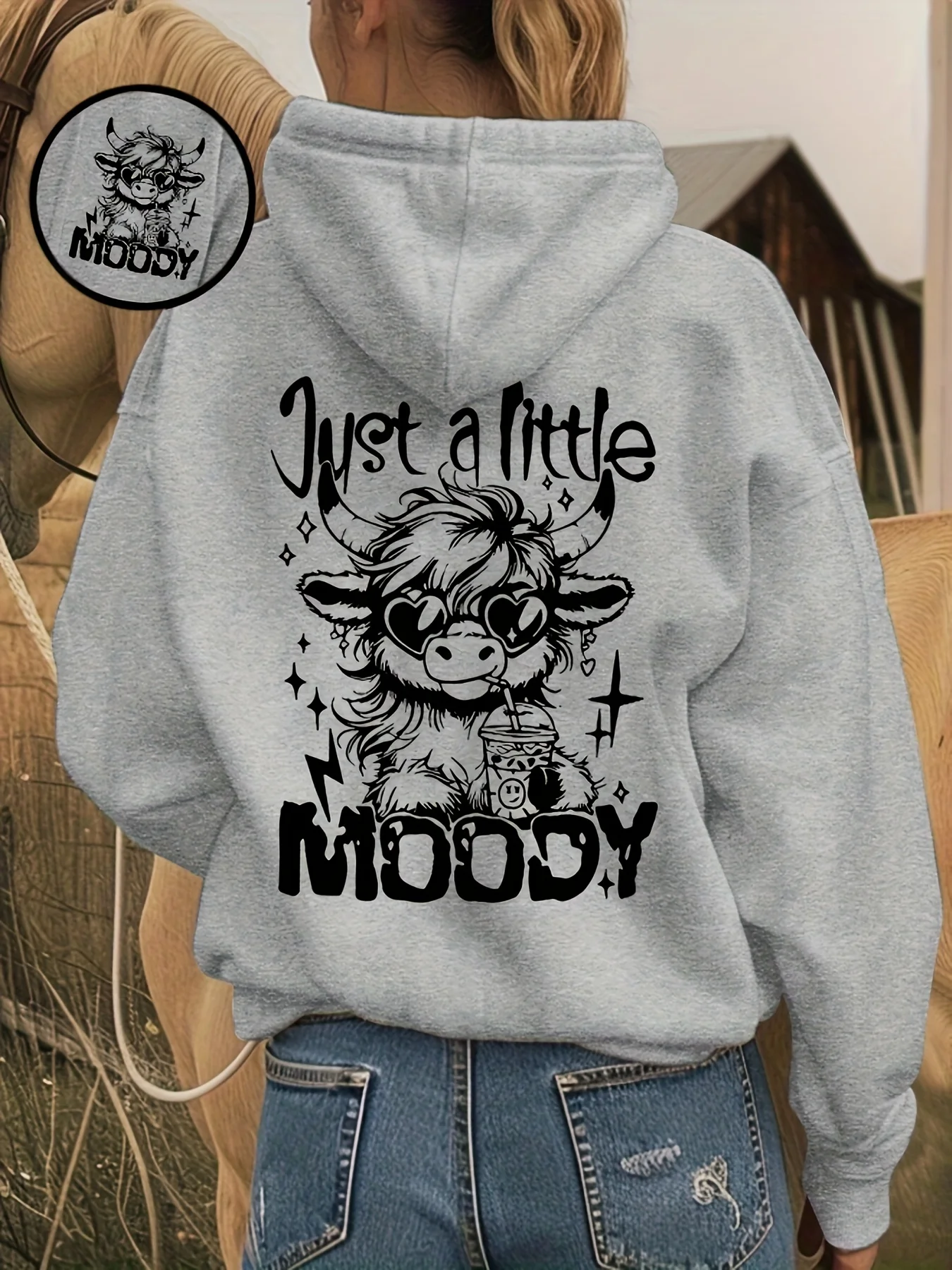 Casual Letter and Cartoon Western Cow Print Hoodie, Drawstring Casual Hooded Pocket Sweatshirt, Suitable for Winter and Autumn, Daily Commute, Women's Clothing, Circle