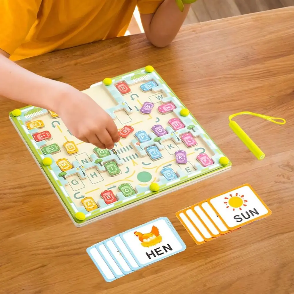 Drewniany Magnetyczny Labirynt z Kolorowymi Literami 26 Angielskich Liter Literki Montessori Puzzle Tablice do Układania Ćwiczenia Literowania Gra IQ