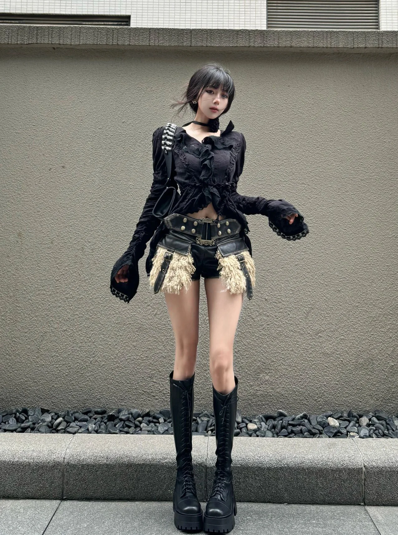 Ele Long Sve V-Ne ourlet à volants irt haut évasé plissé pour femme Design Sense Sve qui soulève la taille Pure Desire Spicy G...