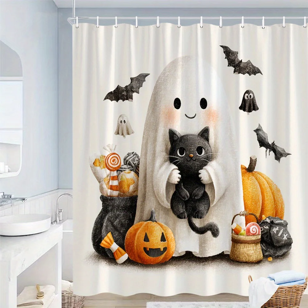 Cute Ghost & Black Cat Shower Curtain, Halloween Pumpkin Bat Print Waterproof Bathroom Decor, Kawaii Spooky Home Bath Screen