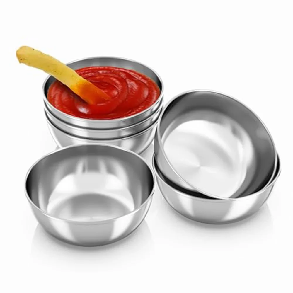 6Pcs/Set Silver Stainless Steel Sauce Dishes Mini Saucers Bowl Round Seasoning Dishes Small Appetizer Plates Serving Bowl