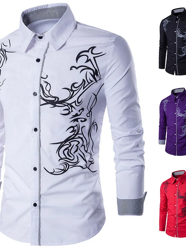 

Spring New Sle Men's Slim Fit Long Sve irt Dragon Print Casual Faion Chinese Culture Element Casual Wear for Men