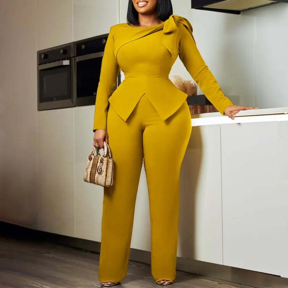 European American Women New Winter Solid Color Long Sleeve Top And Pants 2 Piece African Daily Outfit