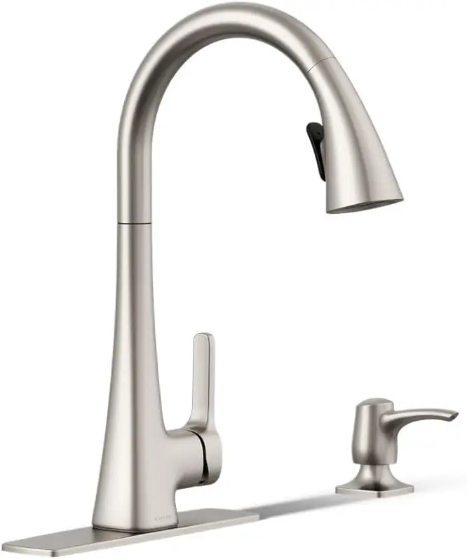 

Pull-Down Kitchen Faucet with Soap Dispenser, High-Arc Sink Faucet, Sweep Sprayer, Stainless Steel