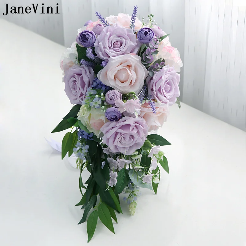 

JaneVini Purple Bride Teardrop Wedding Bouquet Waterfall Artificial Rose Bridal Hand Flowers Wedding Photo Props Flores De Seda