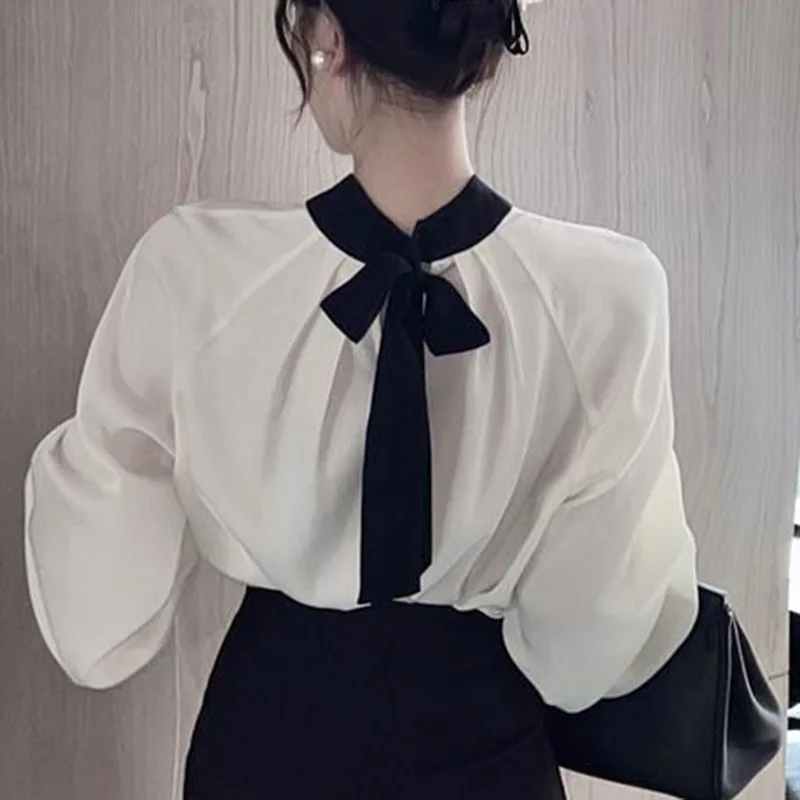 Fashion Loose Lace Up Bow Folds Lantern Sleeve Blouse Female Clothing 2023 Autumn New Casual Tops All-match Office Lady Shirt