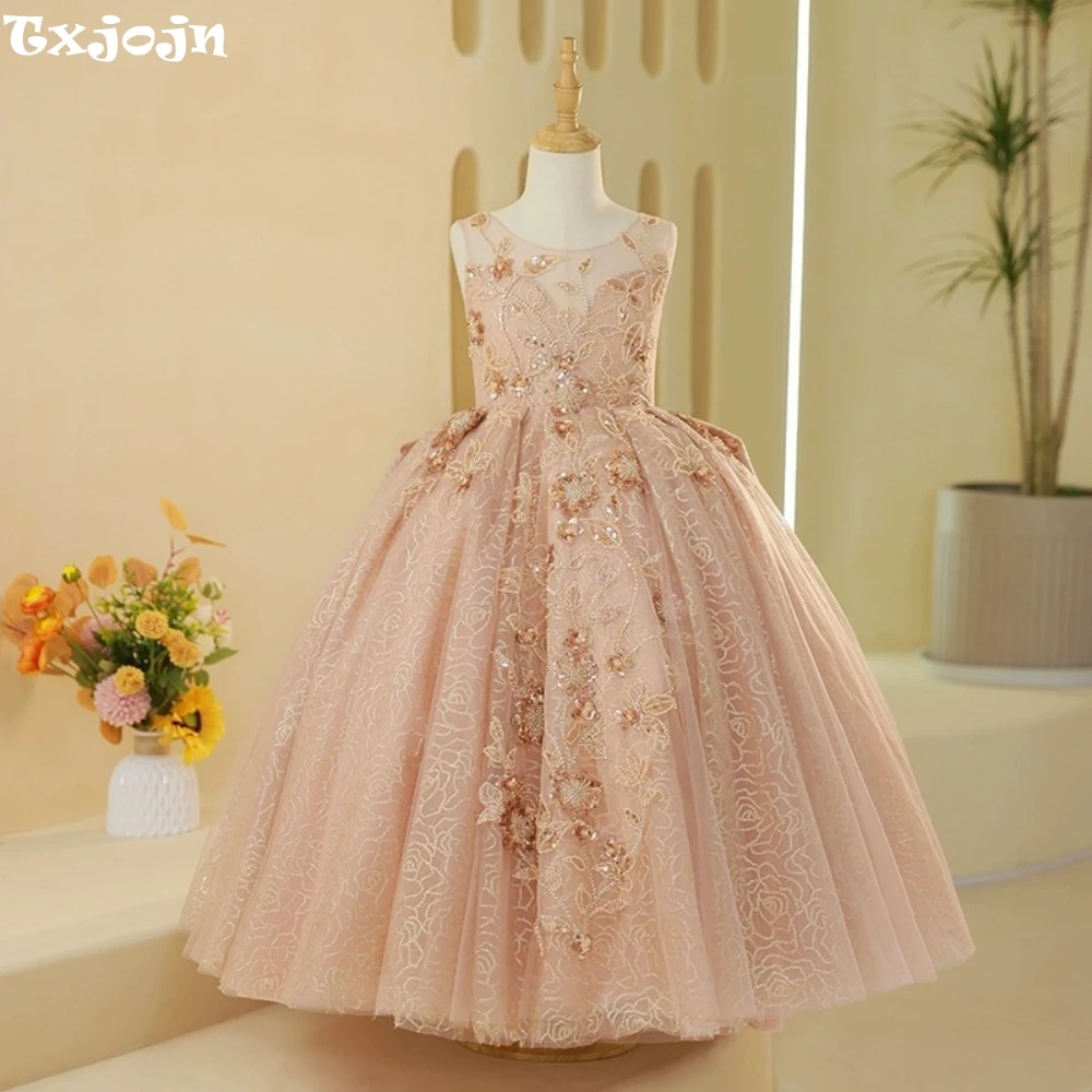 

Cute Pink O-neck Sleeveless Evening Dress For Girls Shiny Sequined Beaded Princess Ball Gown Piano Performance Wedding Clothes