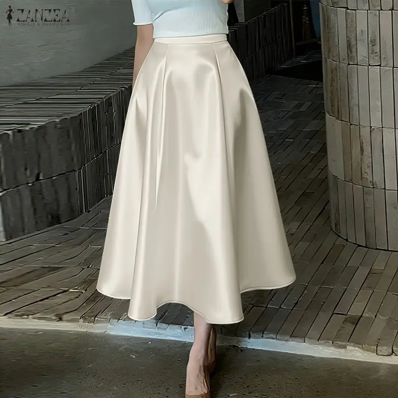 ZANZEA Elegant Satin Evangelical Midi Skirts for Woman High Waist Solid Color A-Line Swing Skirt with Back Zipper Faldas Mujeres