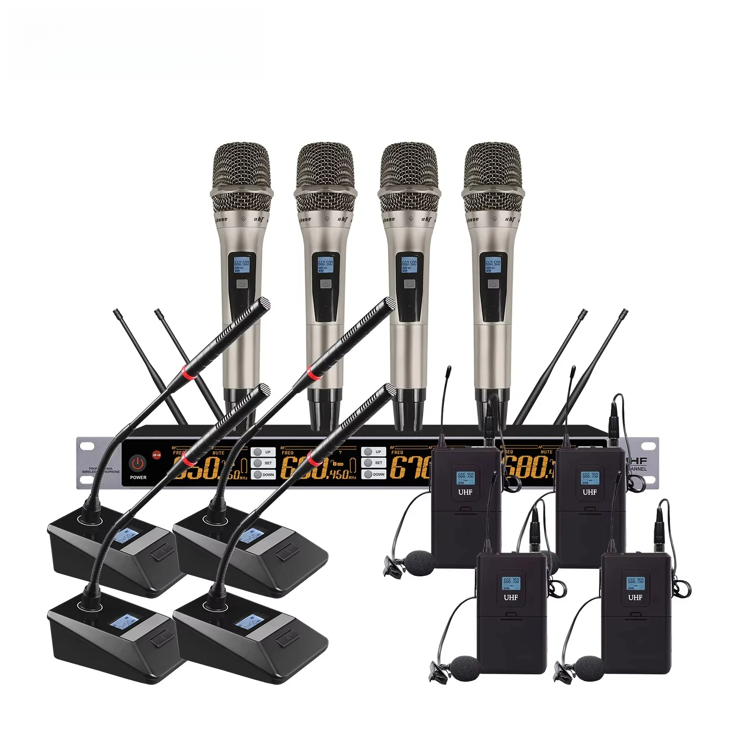 GAW-BR808 Professional Wireless System with IR Infrared Pair Frequency UHF Wireless 1 to 4 Microphone for Stage KTV