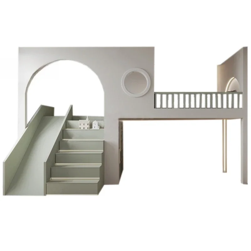 Solid wood children's room with high and low beds, simple upper and lower bunk slides