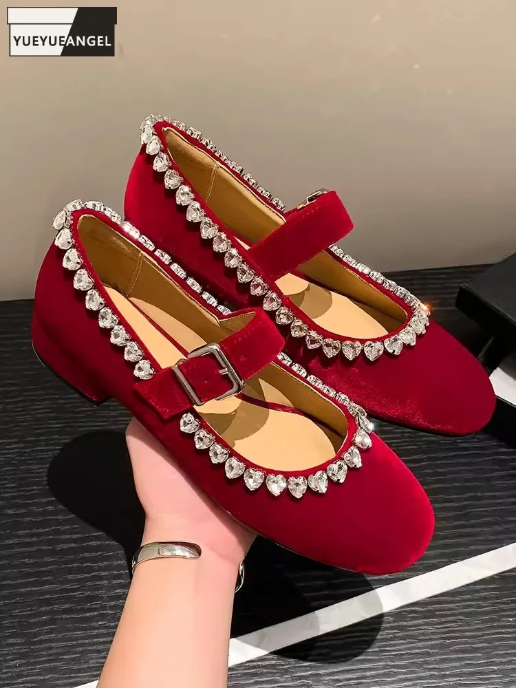 

Fashion Design Diamonds Ladies Mary Jane Shoes Buckle Strap Solid Color Split Leather Women Flat Shoes Preppy Style Sweet Pumps