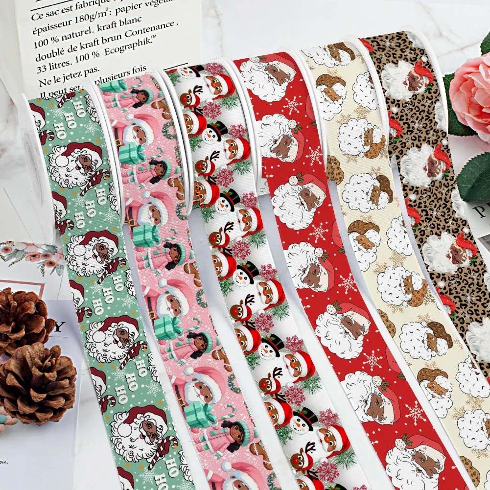 

Christmas African American Santa Printed Grosgrain Ribbon Satin Ribbon For Girl Head Wear Hair Bows Handmade 10 Yards